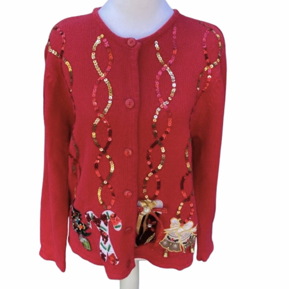 Vintage Crystal Kobe Red Cardigan Christmas Holiday Theme Embroidered, Large